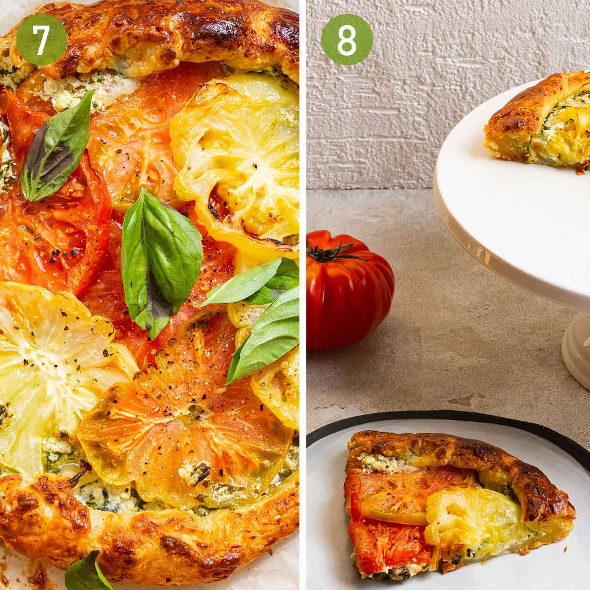 baking and slicing summer tomato tart.