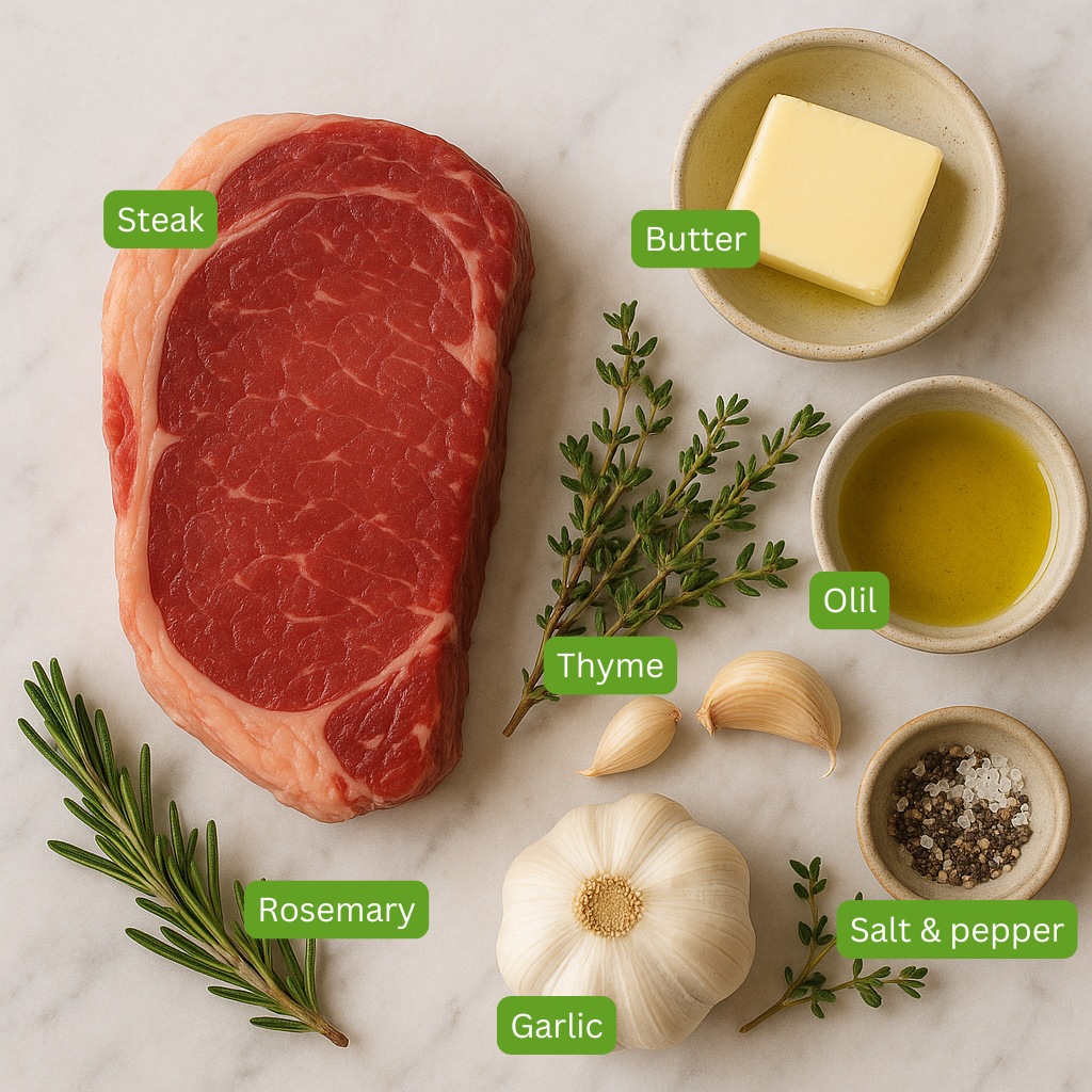 ingredients for steak sit on white marble backdrop. Ingredients include steak, butter, thyme, oil, garlic, rosemary and salt and pepper. 