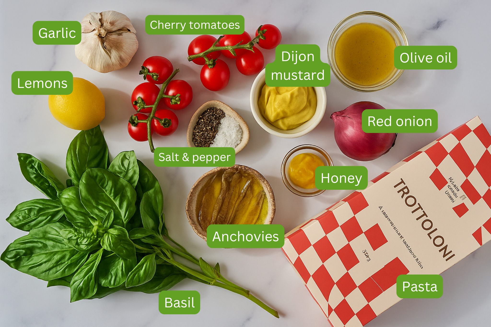 Ingredients for the pasta salad are shown including garlic, lemons, salt and pepper, cherry tomatoes, dijon mustard, red onion, olive oil, honey, anchovies, pasta. 