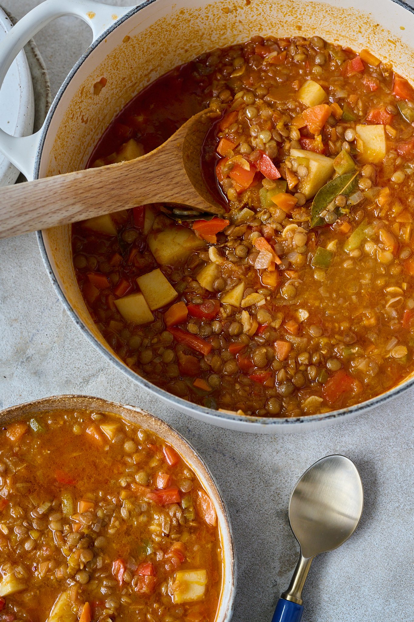 Spanish Lentil Stew (Lentejas) sits in large white pot with brown spoon sticking out the side. You can also see a smaller brown bowl with the soup. 