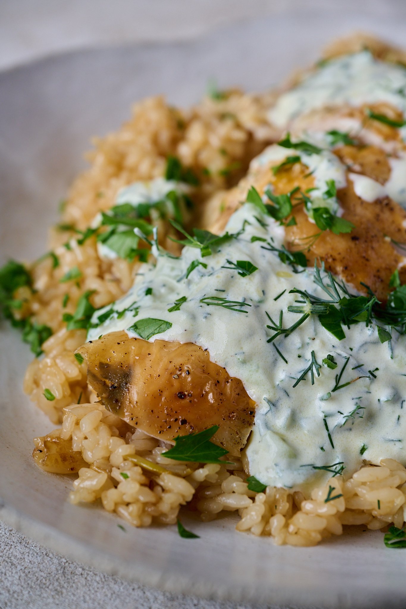 One pan chicken and garlic rice is in a bowl. Chicken is sliced and is sitting on a bed of rice with yoghurt sauce and herbs sprinkled all over.