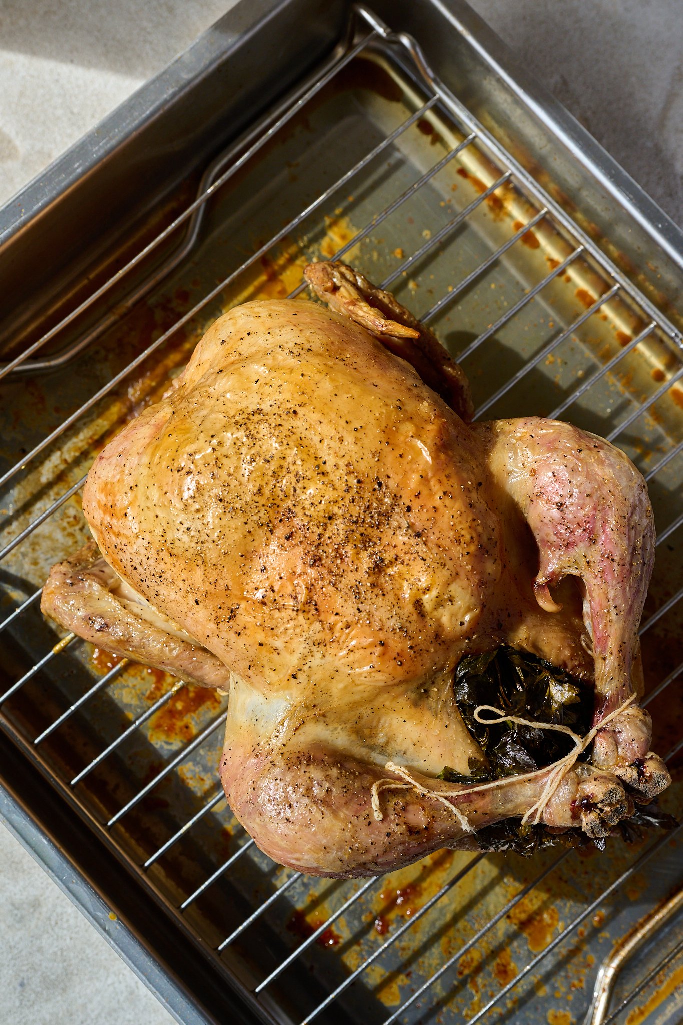 Whole chicken is cooked and sitting on baking rack.