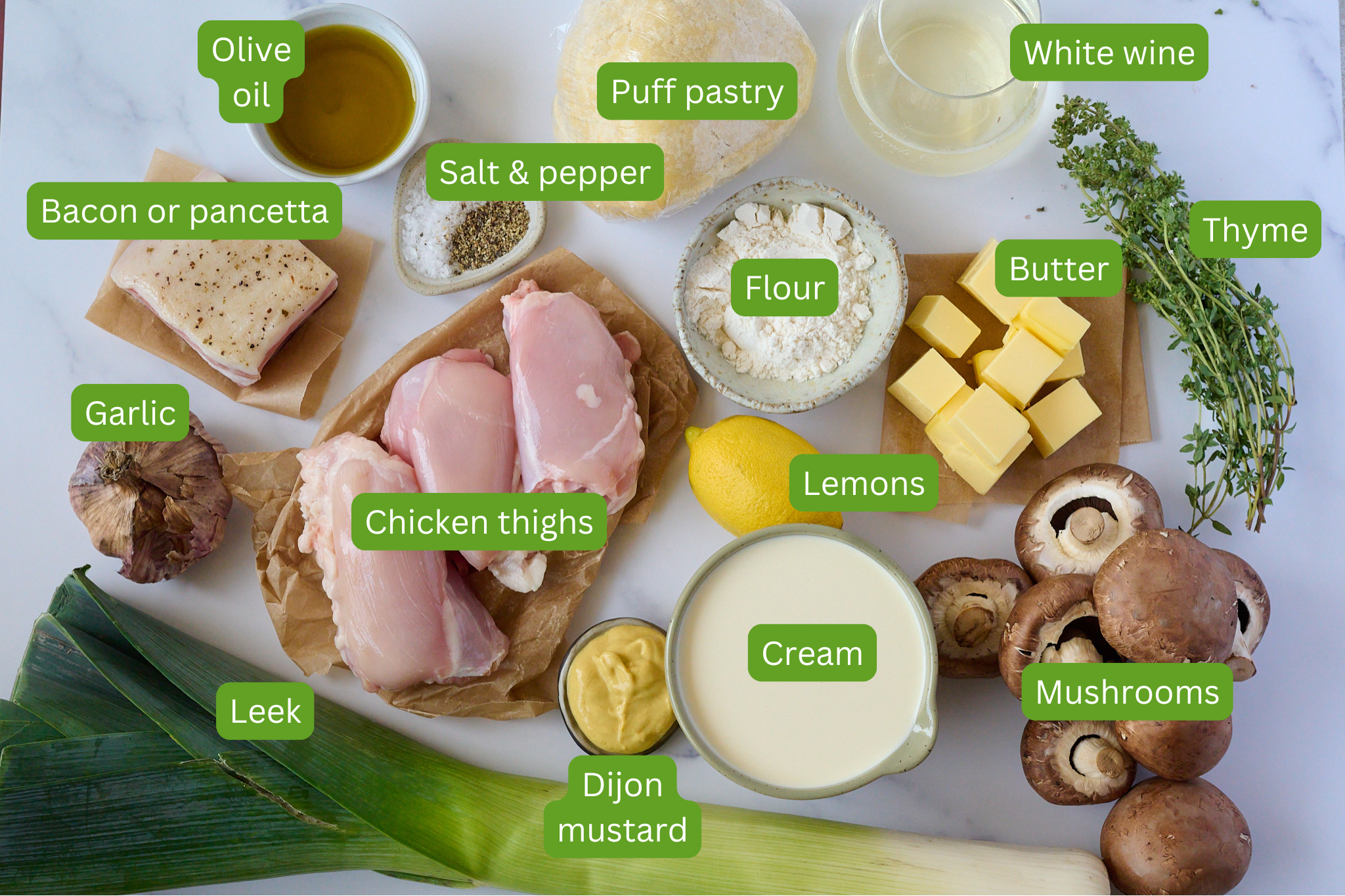 Ingredients are shown for Creamy Chicken, Mushroom & Bacon Pot Pie