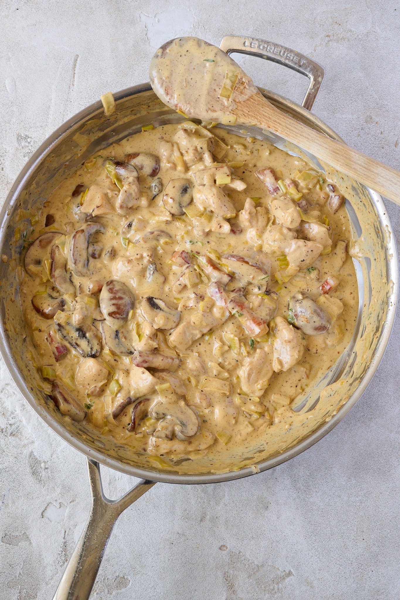filling for Creamy Chicken, Mushroom & Bacon Pot Pie is in stainless steel pan