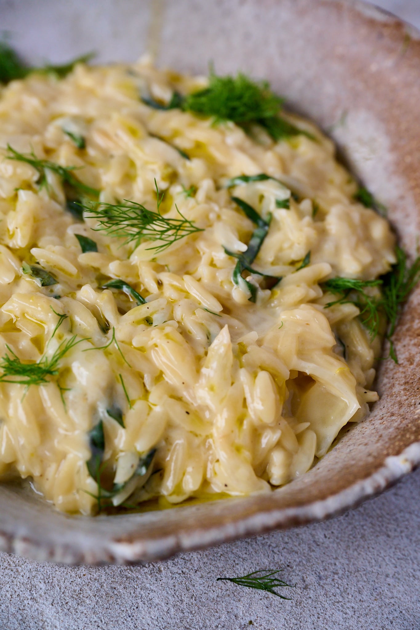 Caramelized Fennel One Pot Orzo Pasta is in brown round bowl with fresh basil and fennel fronds sprinkled all over.