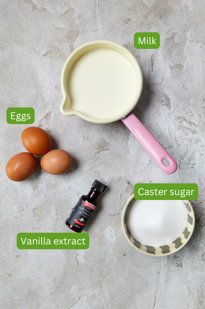 Ingredients for spanish flan include caster sugar, vanilla, eggs and a pink pot filled with milk